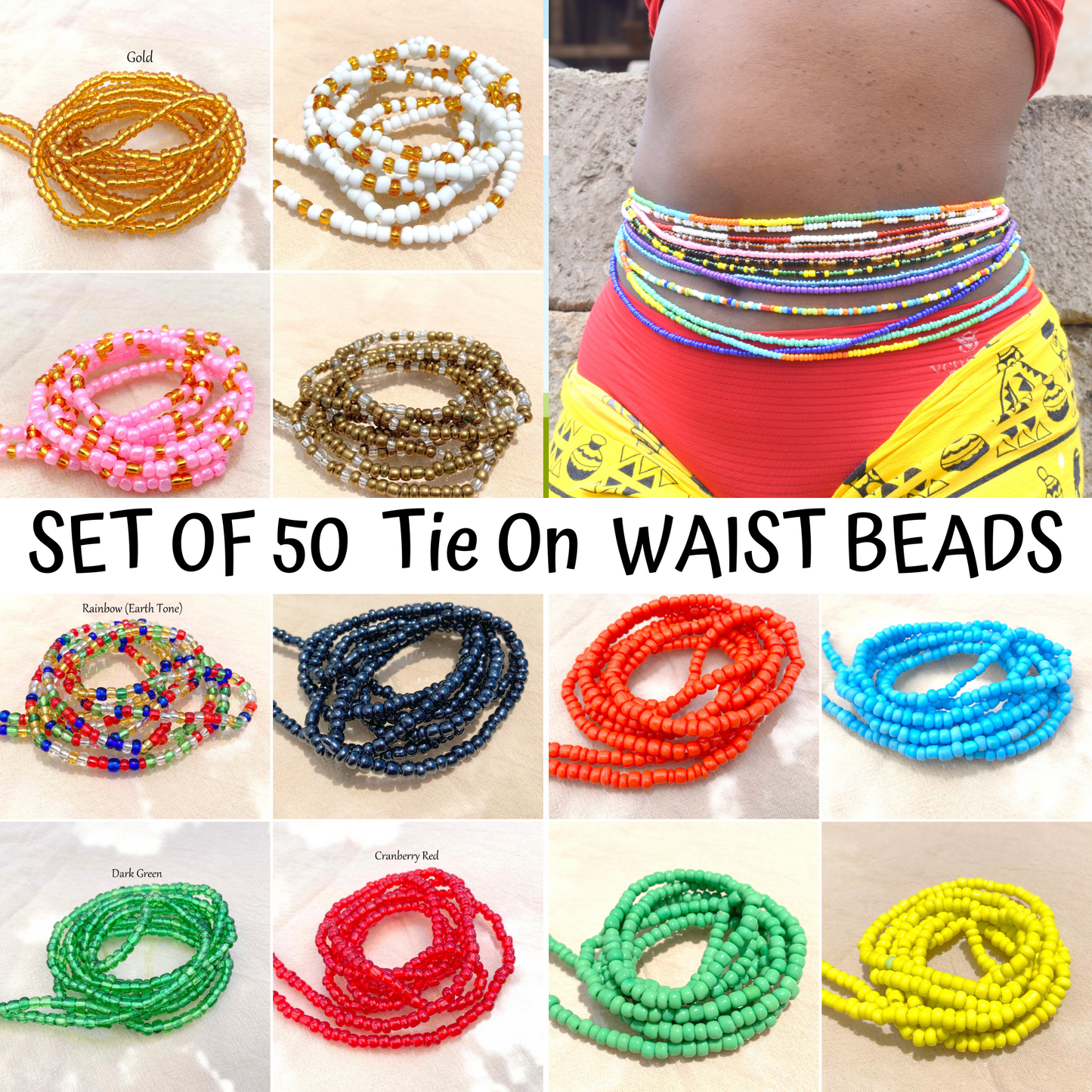 Set of 50 Tie On Waist Beads, Waist Beads For Weight Loss, Tie Ons, Thread Waist Beads, Waist Beads Wholesale, African Waist Beads